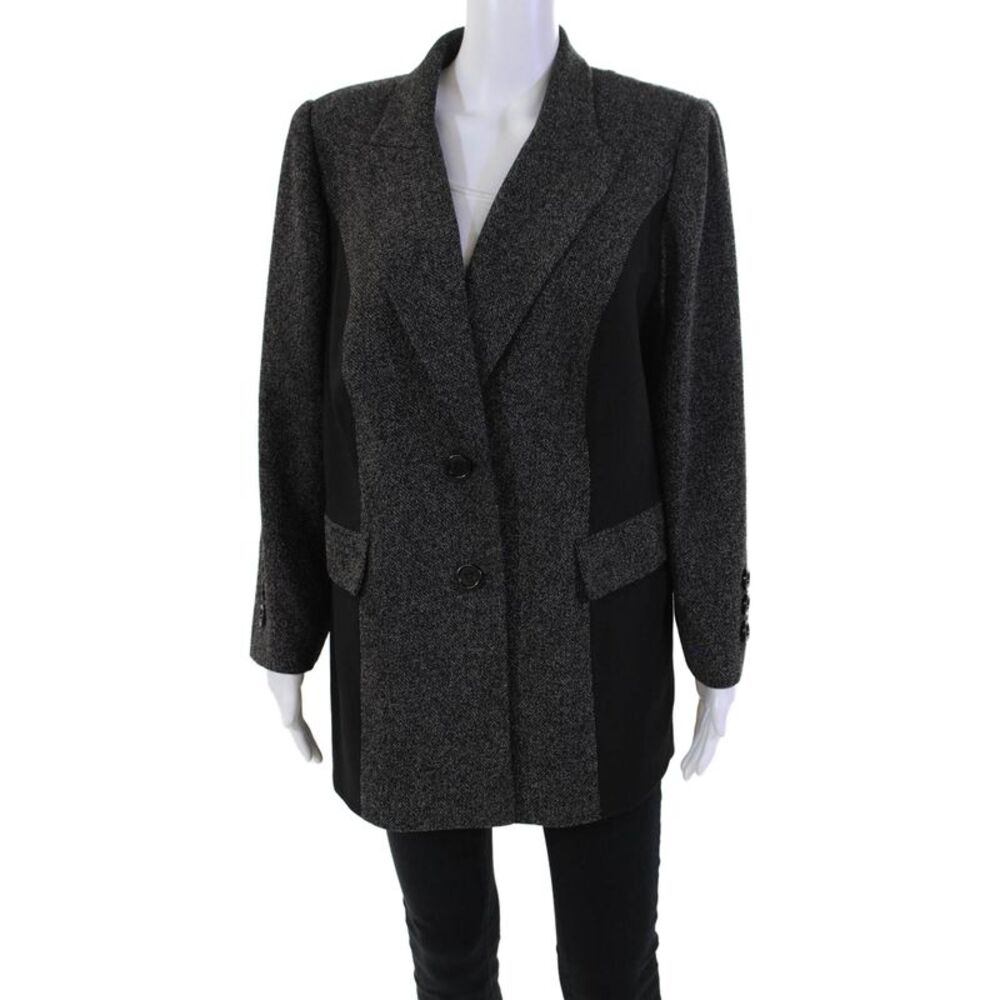 Susanna Womens Wide Lapel Button Down Blazer Jacket Black White Size Large